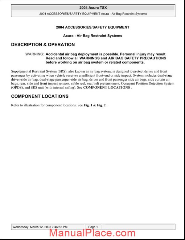 acura tsx 2003 2008 air bag restraint system service repair manual page 1