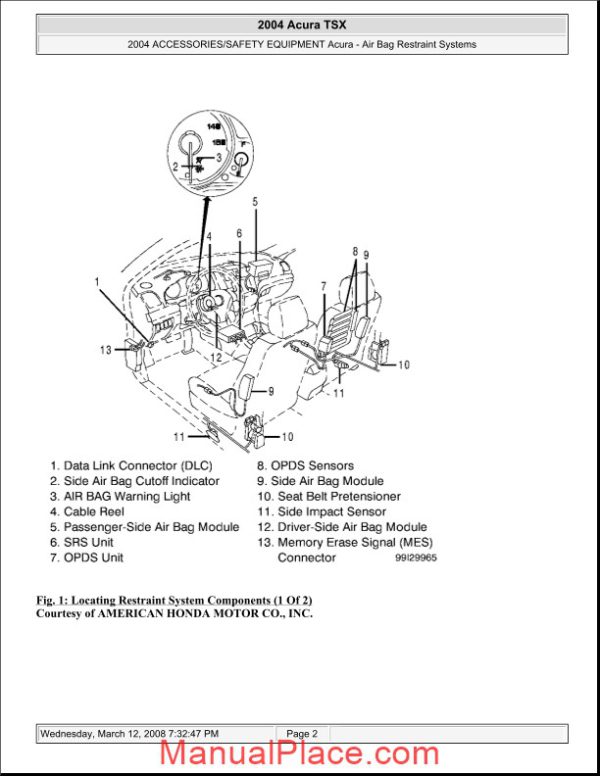 acura tsx 2003 2008 air bag restraint system service repair manual page 2