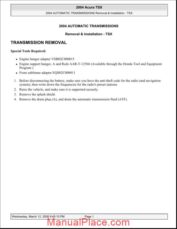 acura tsx 2003 2008 automatic transmission removal and installation page 1