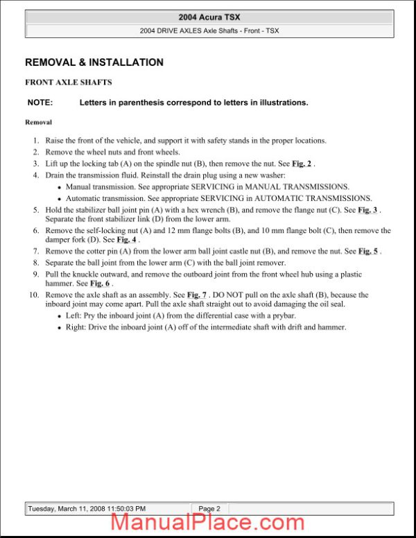 acura tsx 2003 2008 front axle shafts repair manual page 2