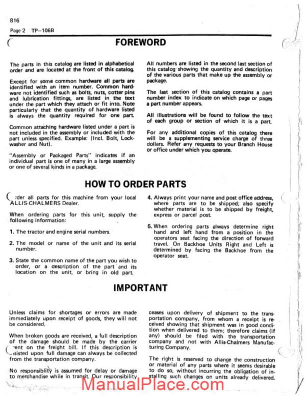 allis chalmers 816 816b backhoe loader parts catalog page 3