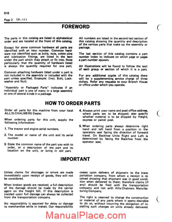 allis chalmers 918 backhoe loader parts catalog page 3