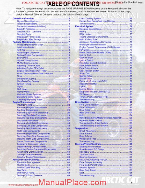 arctic cat 2012 xl450i xl 450i service manual page 2