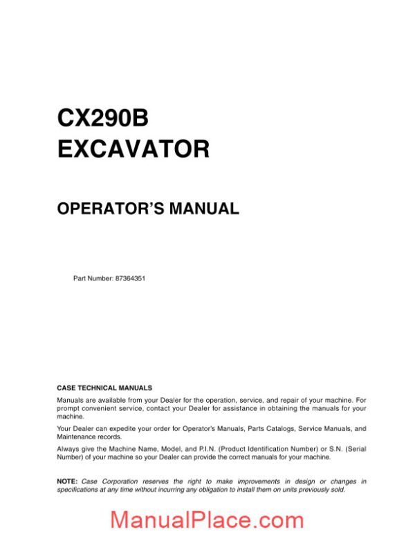 case crawler excavator cx290b operators manual page 1