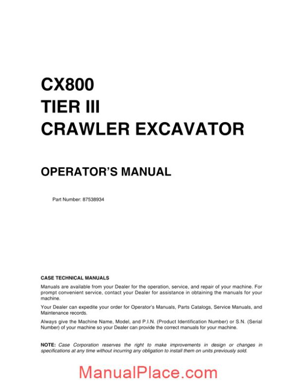 case crawler excavator cx800b operators manual page 1