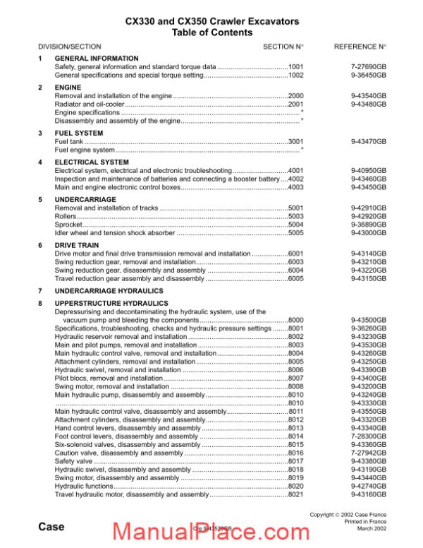 case cx330 350 crawler excavator shop manual page 1