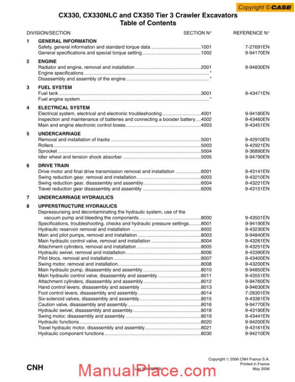 case cx330 tier3 crawler excavator shop manual page 1