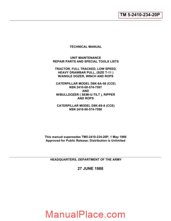 caterpillar model d8k 8a 58 technical manual page 1