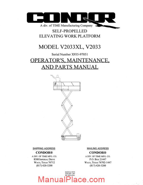 condor scissors lift v2033xl sn 97051 parts book page 1