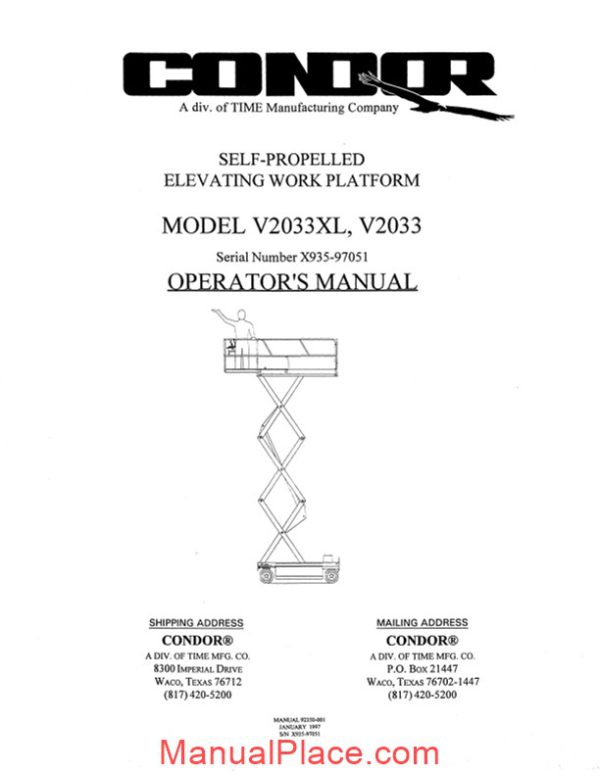 condor scissors lift v2033xl sn 97051 parts book page 2