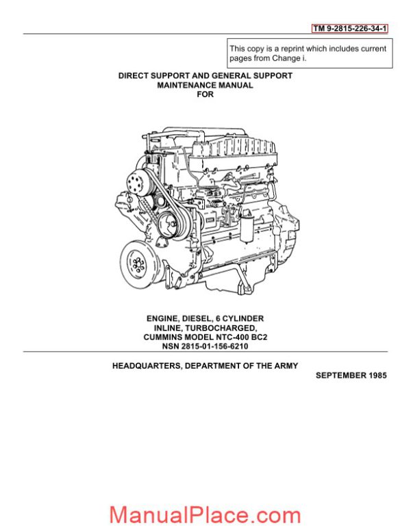 cummins engine diesel model ntc 400 bc2 service manual page 1