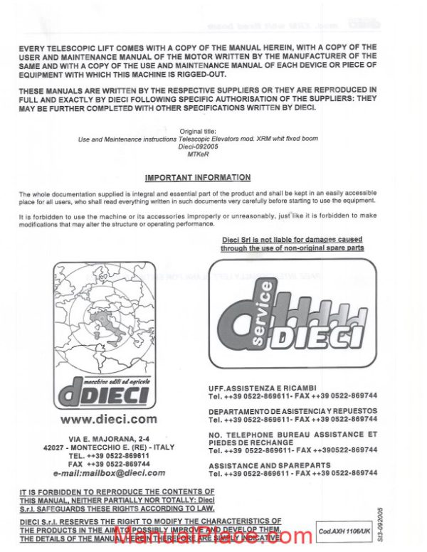 dieci telescopic handlers xrm with fixed boom maintenance manual page 2