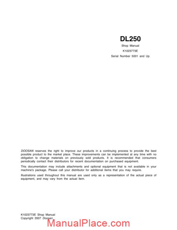 doosan wheel loader dl250 shop manual k1023773e page 1