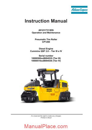 dynapac pneumatic tire roller cp1200 operation and maintenance page 1