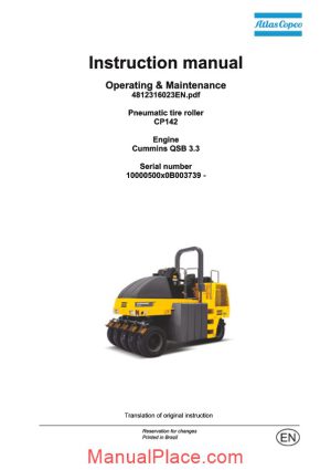 dynapac pneumatic tire roller cp142 operation and maintenance page 1