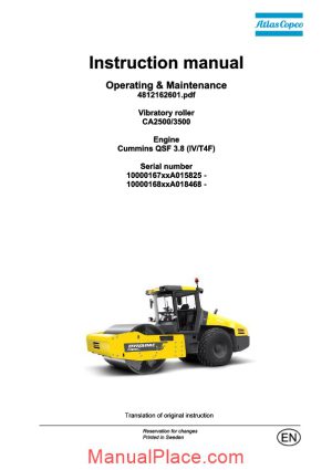 dynapac vibratory roller ca2500 3500 operation and maintenance page 1