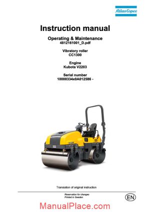 dynapac vibratory roller cc1300 operation and maintenance page 1