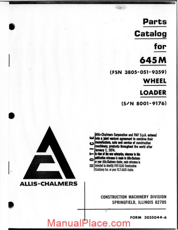 fiat allis 645m wheel loader parts catalog 16f17381 page 1