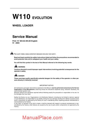 fiat kobelco w110 evolution wheel loader service manual page 1