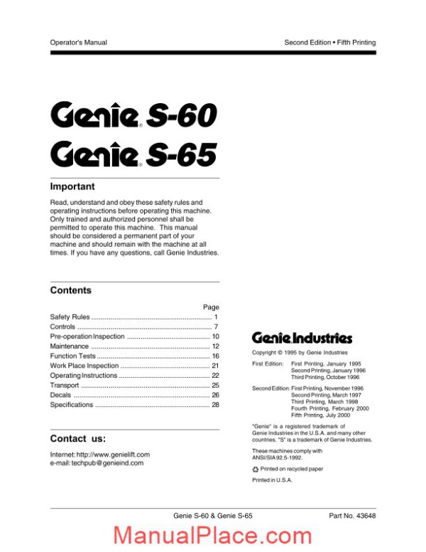 genie s60 s65 operators manual page 2