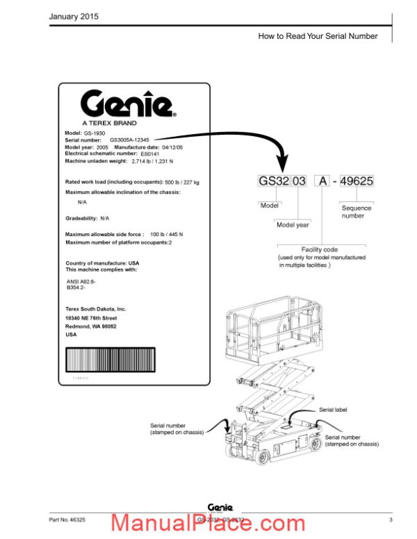 genie scissor gs 203226323232 to sn 59999 gs 20322632 pn 46325 parts manuals page 3