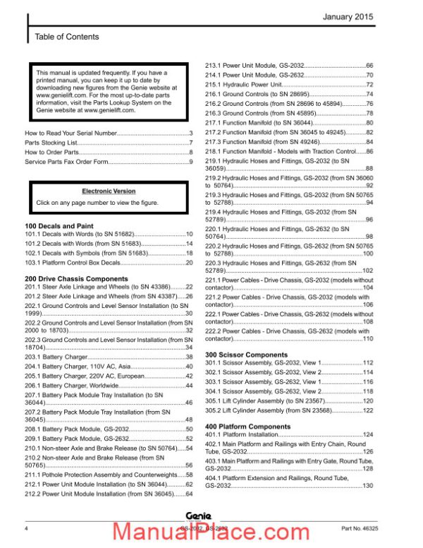 genie scissor gs 203226323232 to sn 59999 gs 20322632 pn 46325 parts manuals page 4