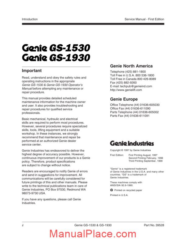 genie scissor lift gs 1930 gs 1932 to sn 17407 gs 1930 pn39528 service manual page 2