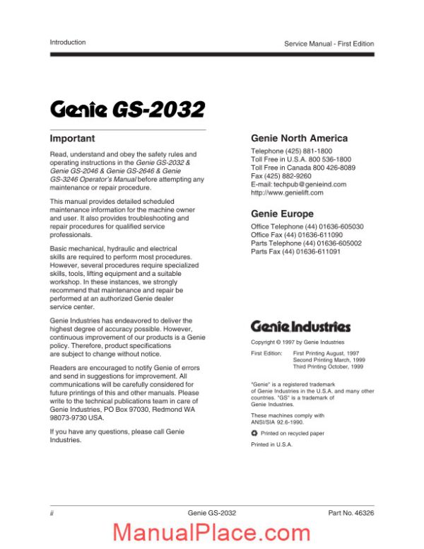 genie scissors gs 203226323232 to sn 17407 gs 2032 pn 46326 service manual page 2