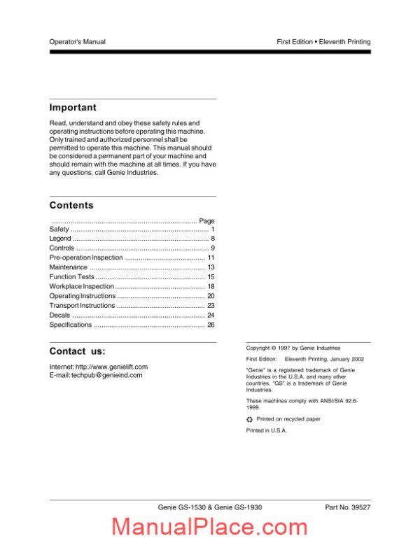 genie sissor lift gs 1930 gs 1932 ansicsa to sn 59999 gs 1930 operator manual page 2