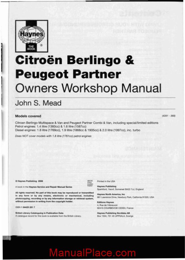 haynes manual repair citroen berlingo peugeot partner 1996 2005 page 2