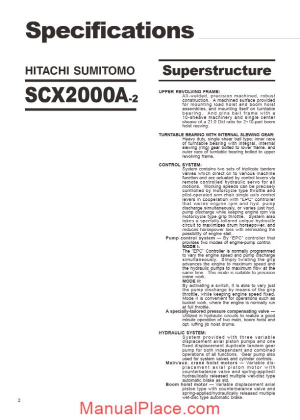 hitachi sumitomo scx2000a 2 hydraulic crawler crane specifications page 2