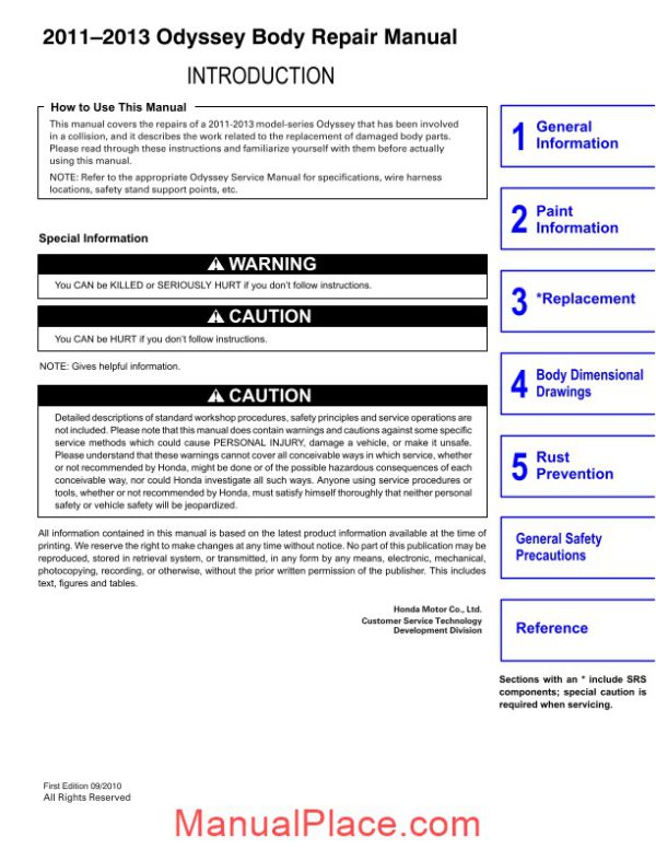 honda odyssey body repair manual 2011 2013 page 1