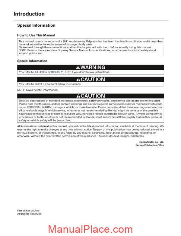 honda odyssey body repair manual 2011 2013 page 3