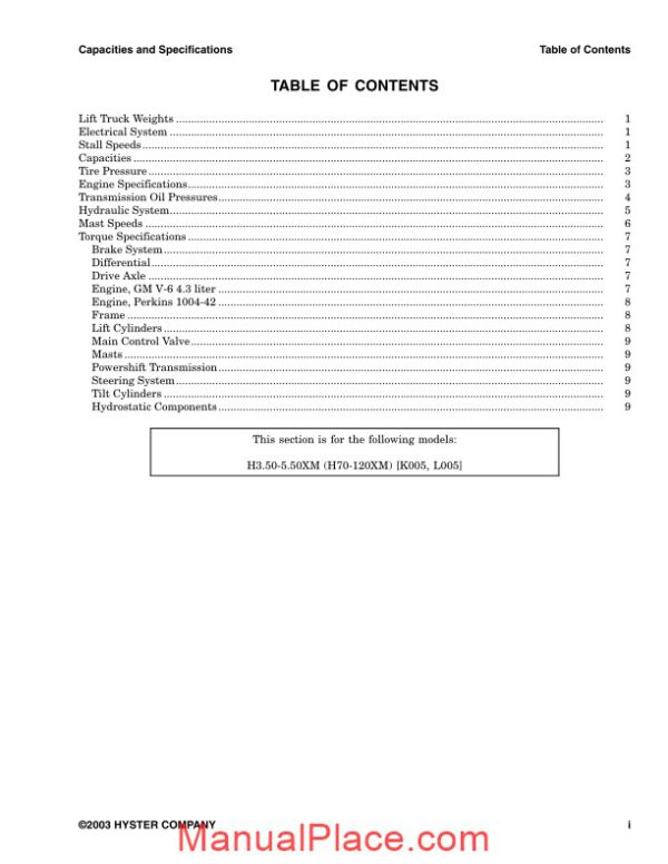 hyster catalog for capacities and specifications h3 50 5 5xm h70 120xm k005 l005 page 3