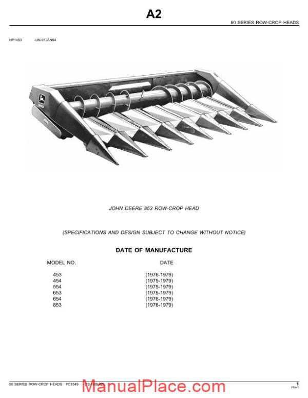 john deere 853 row crop head parts catalog page 1