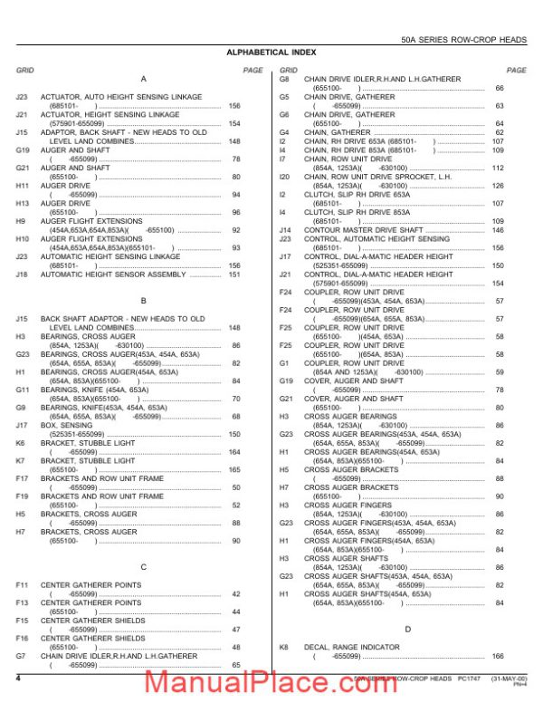 john deere 853a row crop head parts catalog page 4