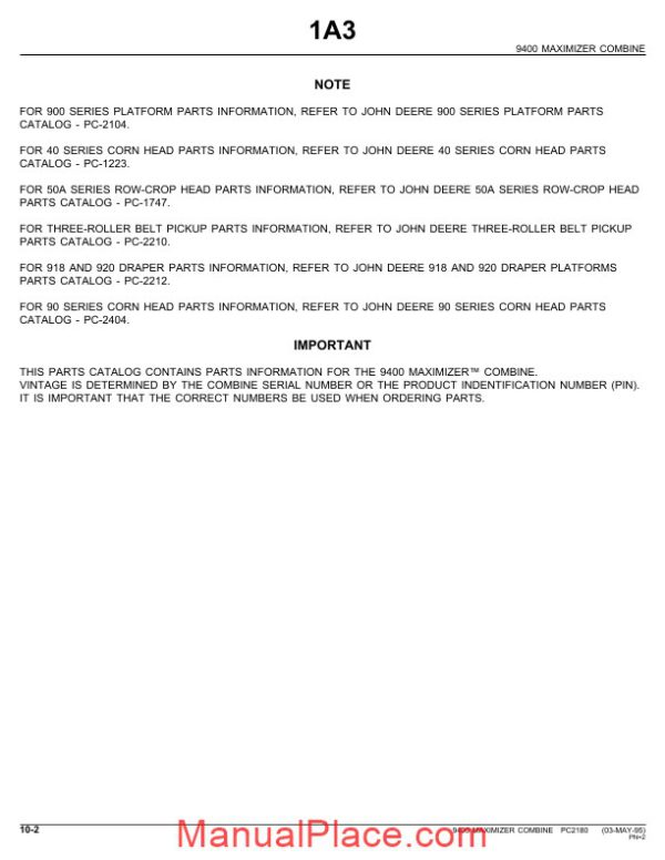 john deere 9400 maximizer combine parts book page 2