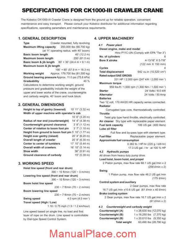 kobelco hydraulic crawler crane ck1000 iii spec book page 2