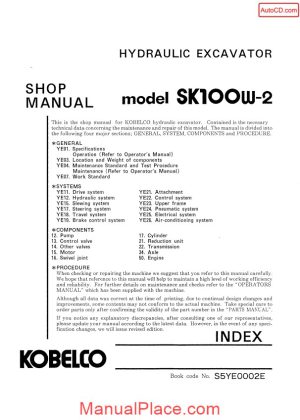 kobelco hydraulic excavator sk100w 2 shop manual page 1