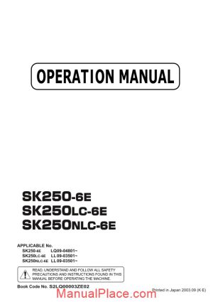 kobelco hydraulic excavators sk250lc nlc 6e operation manual page 1