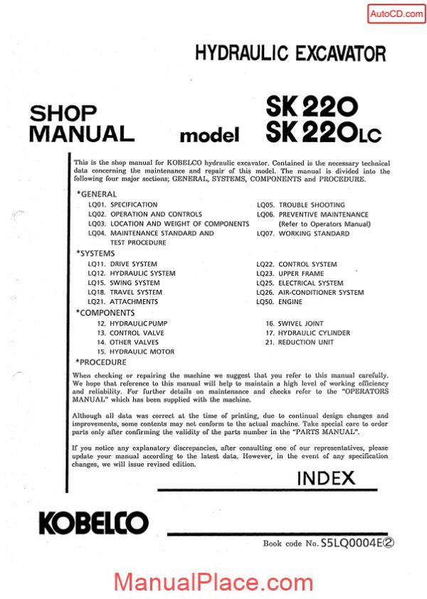 kobelco sk220 sk220lc hydraulic excavator book code no s5lq0004e page 1