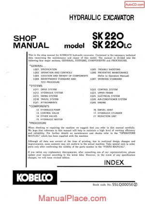 kobelco sk220 sk220lc hydraulic excavator book code no s5lq0005e page 1