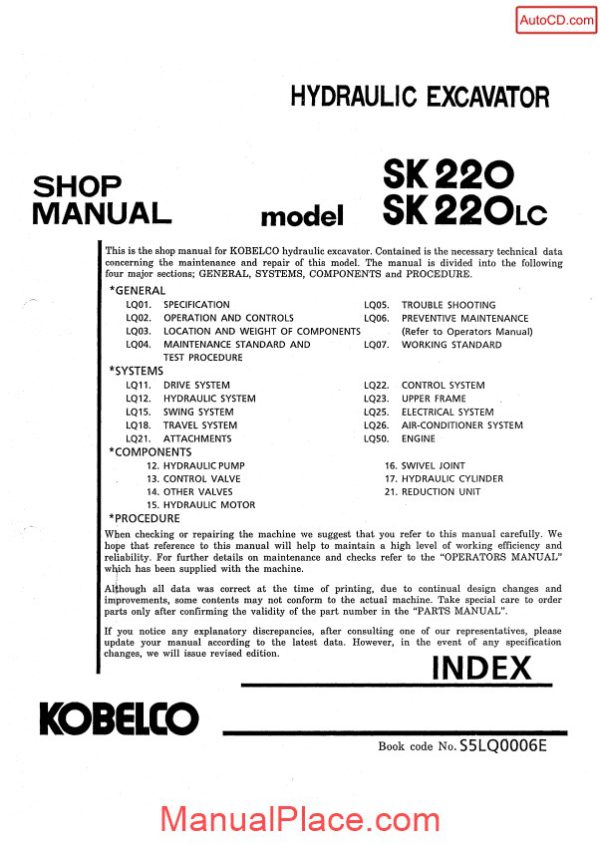 kobelco sk220 sk220lc hydraulic excavator book code no s5lq0006e page 1