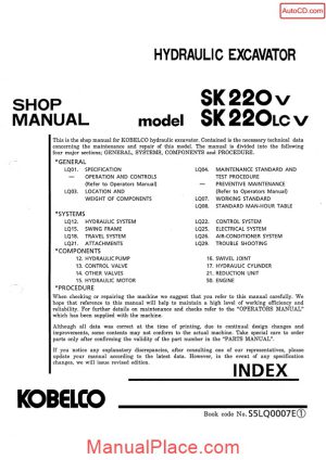 kobelco sk220v sk220lcv hydraulic excavator book code no s5lq0007e page 1