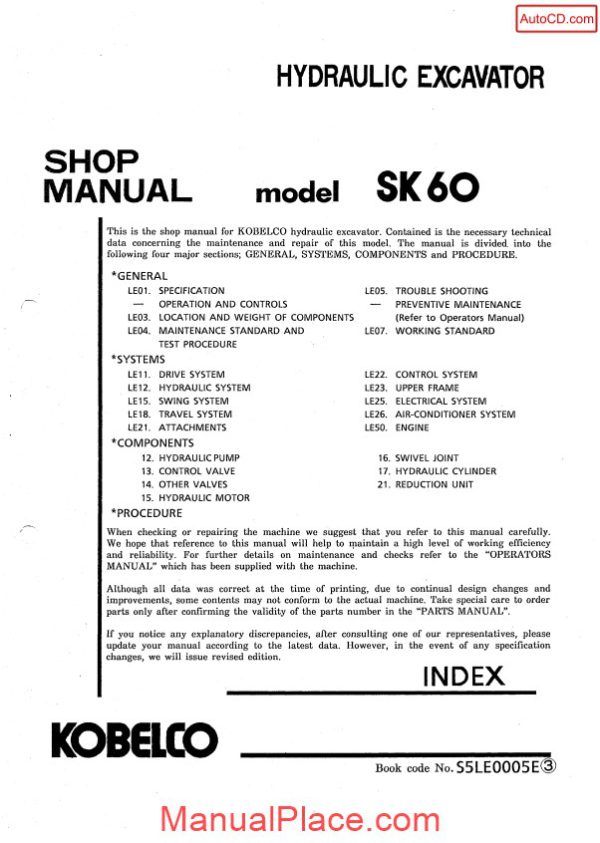 kobelco sk60 hydraulic excavator book code no s5le0005e page 1