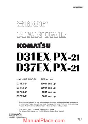 komatsu bulldozer d31 d37 ex px 21 shop manual page 1