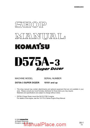 komatsu crawler doozer d575a 3s shop manual page 1