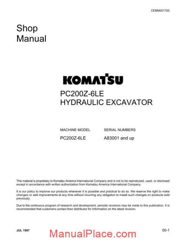 komatsu crawler excavator pc200z 6le shop manual page 1