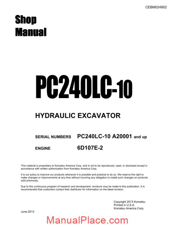 komatsu crawler excavator pc240lc 10 a20001 shop manual page 1