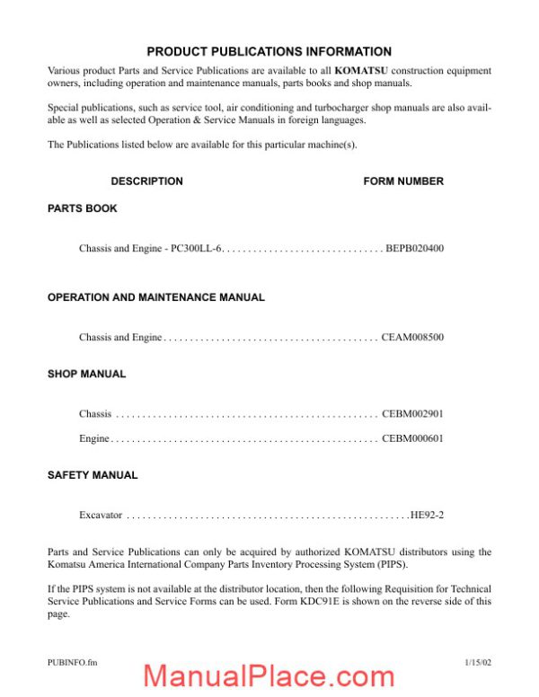 komatsu crawler excavator pc300ll 6 shop manual page 3